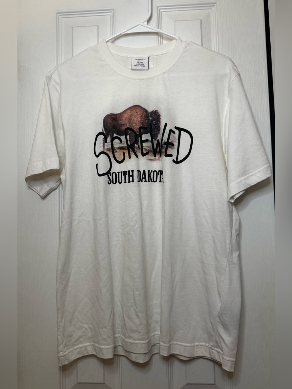 Vetements White Graphic 'Screwed South Dakota' Tee with Bison Motif